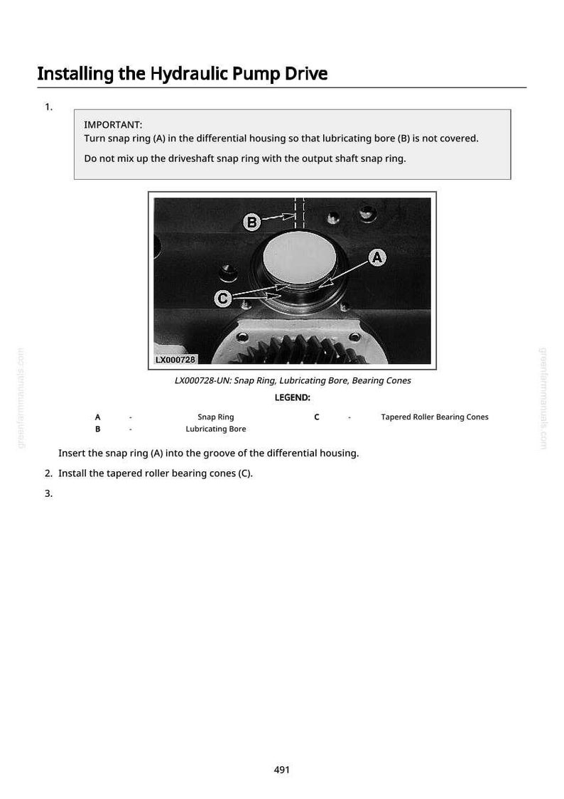 May include: Diagram illustrating the installation of a hydraulic pump drive. The image includes a close-up of mechanical components, labeled with letters A, B, and C, and a legend. Text instructions are also included.