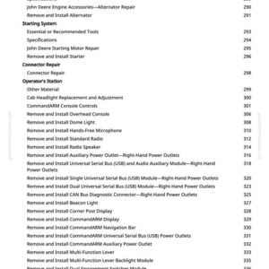 May include: A page from a greenfarmmanuals.com manual, detailing repair and installation procedures for a John Deere machine. Topics include charging, starting, and connector repair, with page numbers.