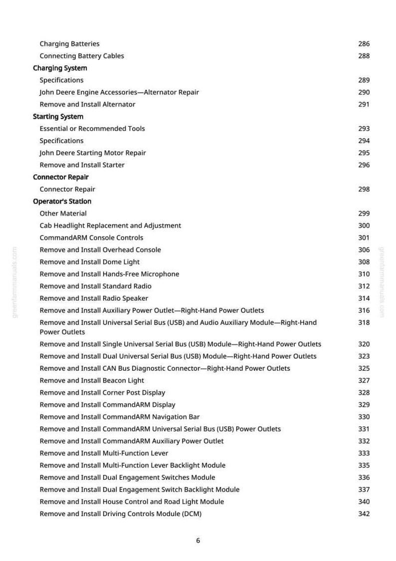 May include: A page from a greenfarmmanuals.com manual, detailing repair and installation procedures for a John Deere machine. Topics include charging, starting, and connector repair, with page numbers.