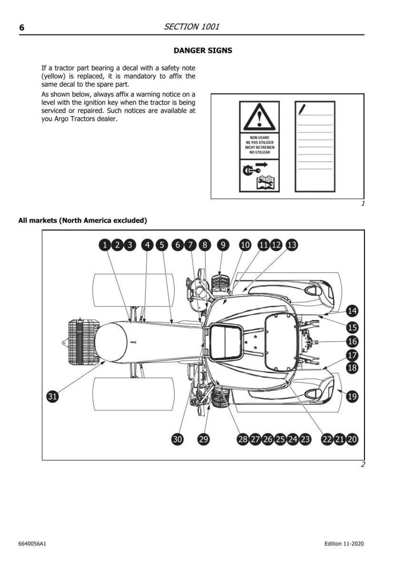 May include: Diagram of a tractor with numbered parts, including a warning sign with text in multiple languages. The text reads "NON USARE, NE PAS UTILISER, NICHT BETREIBEN, NO UTILIZAR". The diagram is from a manual.