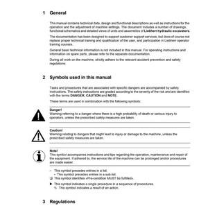 May include: A service manual titled "Preface" with sections on general information, symbols, and regulations. The manual includes warnings and safety instructions for Liebherr hydraulic excavators. The copyright is by Liebherr.