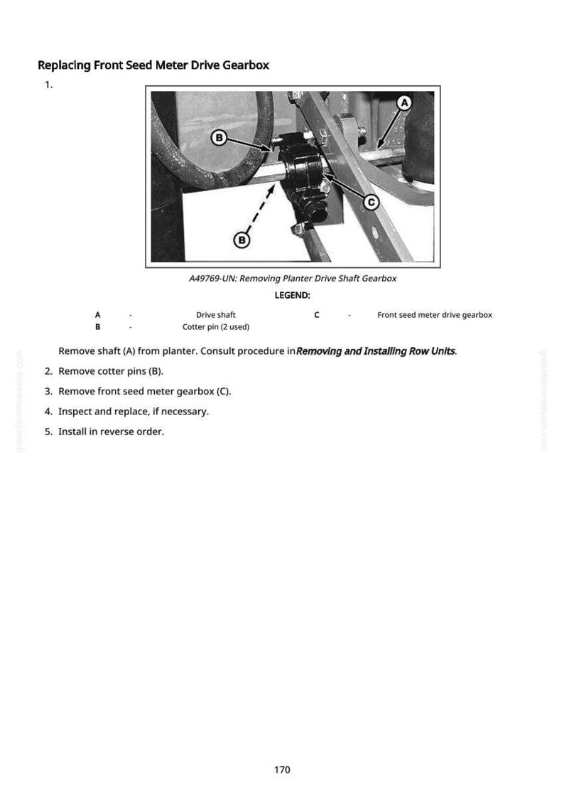 May include: Diagram illustrating the process of replacing a front seed meter drive gearbox. The image includes close-ups of the drive shaft, cotter pins, and front seed meter gearbox, with labels A, B, and C. Text instructions are also provided.