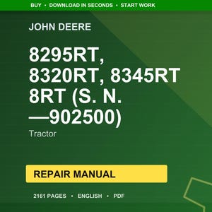 May include: A digital repair manual for John Deere tractors, including models 8295RT, 8320RT, and 8345RT. The manual is in English, in PDF format, and contains 2161 pages. The text "REPAIR MANUAL" is displayed on a yellow rectangle.