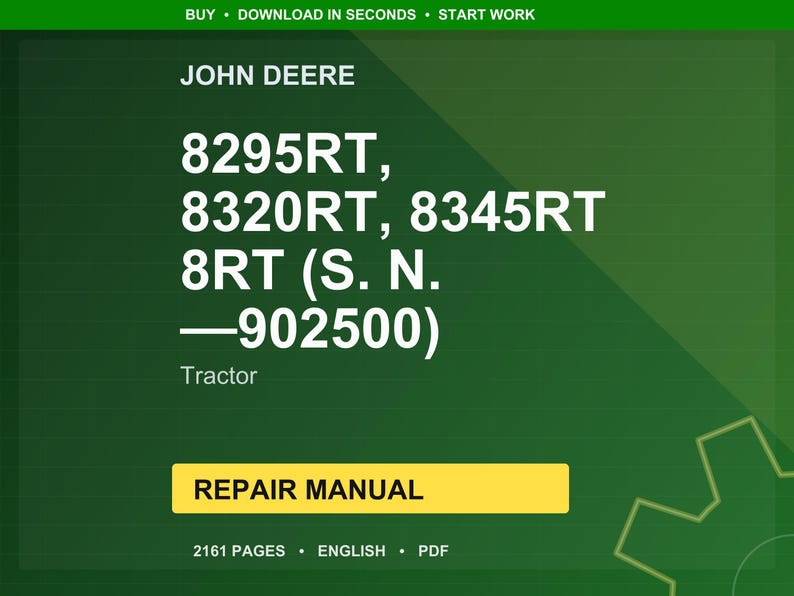 K&ouml;nnte beinhalten: Ein digitales Reparaturhandbuch f&uuml;r John Deere Traktoren, einschlie&szlig;lich der Modelle 8295RT, 8320RT und 8345RT. Das Handbuch ist in englischer Sprache, im PDF-Format und enth&auml;lt 2161 Seiten. Der Text "REPAIR MANUAL" wird auf einem gelben Rechteck angezeigt.
