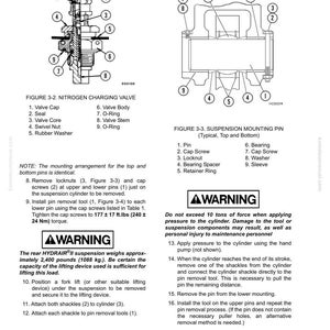 May include: Diagrams of a nitrogen charging valve and suspension mounting pin, with labels for each component. Includes a warning about applying excessive force and instructions for removal and installation. The rear suspension weighs approximately 2,400 pounds.