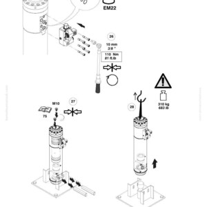 May include: Technical diagram of Komatsu machinery components, including hydraulic cylinders, fittings, and torque specifications. The diagram includes measurements in both metric and imperial units, such as 10 mm and 3/8 inches, and torque values of 110 Nm and 81 ft.lb.