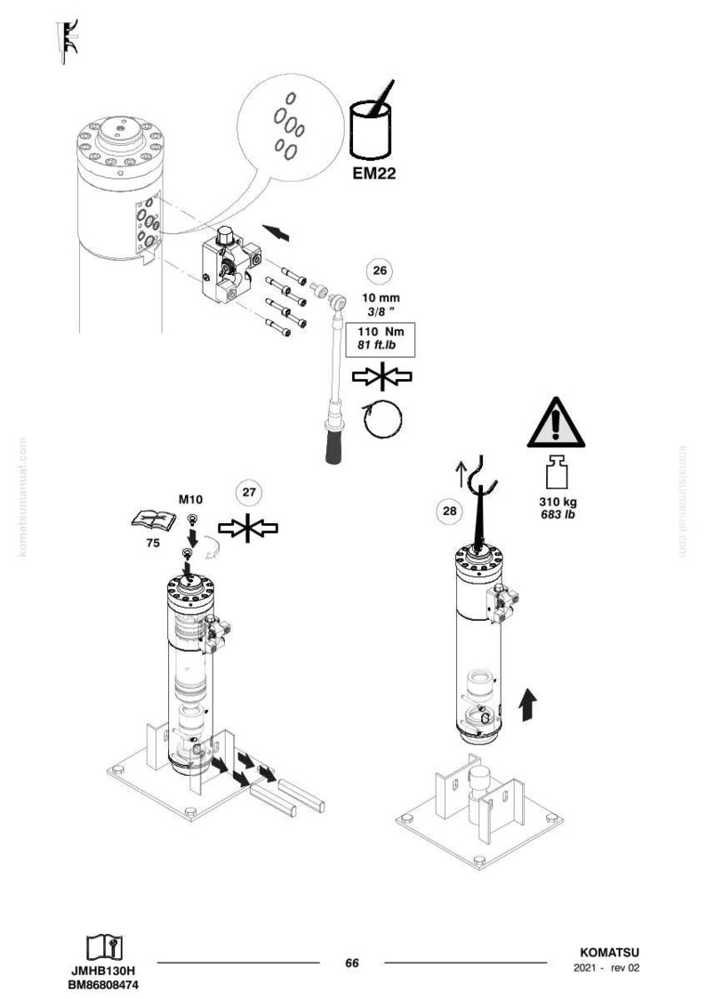 May include: Technical diagram of Komatsu machinery components, including hydraulic cylinders, fittings, and torque specifications. The diagram includes measurements in both metric and imperial units, such as 10 mm and 3/8 inches, and torque values of 110 Nm and 81 ft.lb.