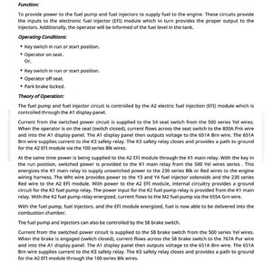 May include: A page from a manual detailing fuel circuit operation for models X730, X734, X738, and X739. The text describes the function, operating conditions, and theory of operation of the fuel pump and injectors, including wire colors and relay functions.
