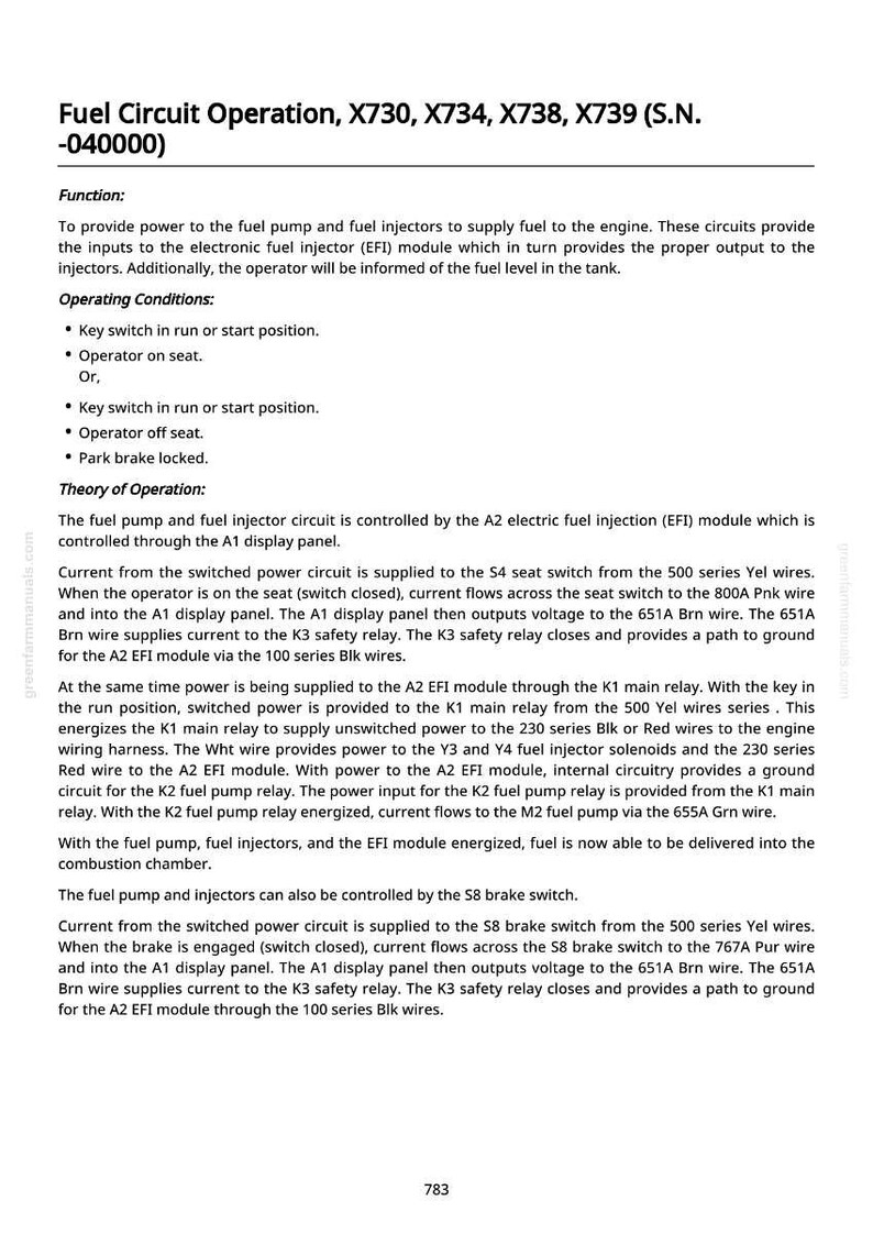 May include: A page from a manual detailing fuel circuit operation for models X730, X734, X738, and X739. The text describes the function, operating conditions, and theory of operation of the fuel pump and injectors, including wire colors and relay functions.