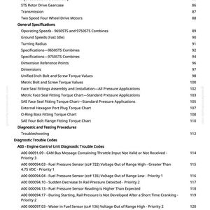 May include: A page from a manual with a table of contents, including engine components, diagnostic trouble codes, and specifications. The text is black on a white background, with page numbers on the right.