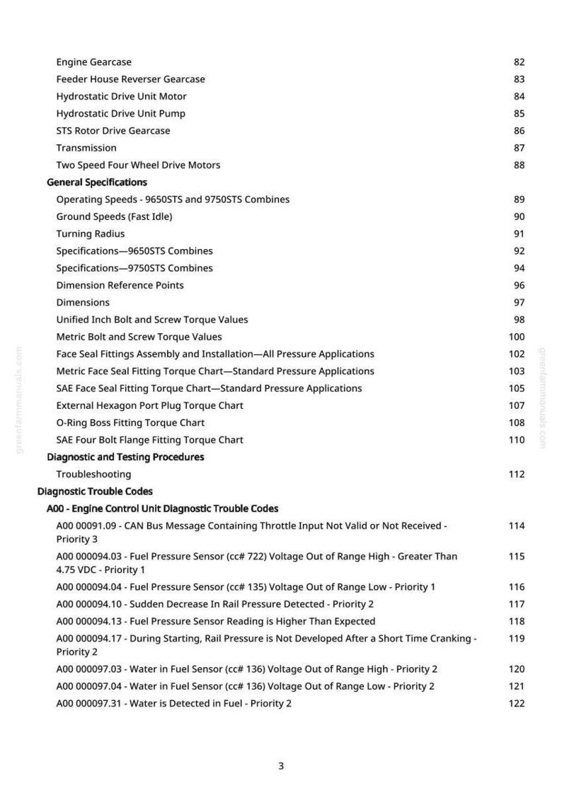 May include: A page from a manual with a table of contents, including engine components, diagnostic trouble codes, and specifications. The text is black on a white background, with page numbers on the right.