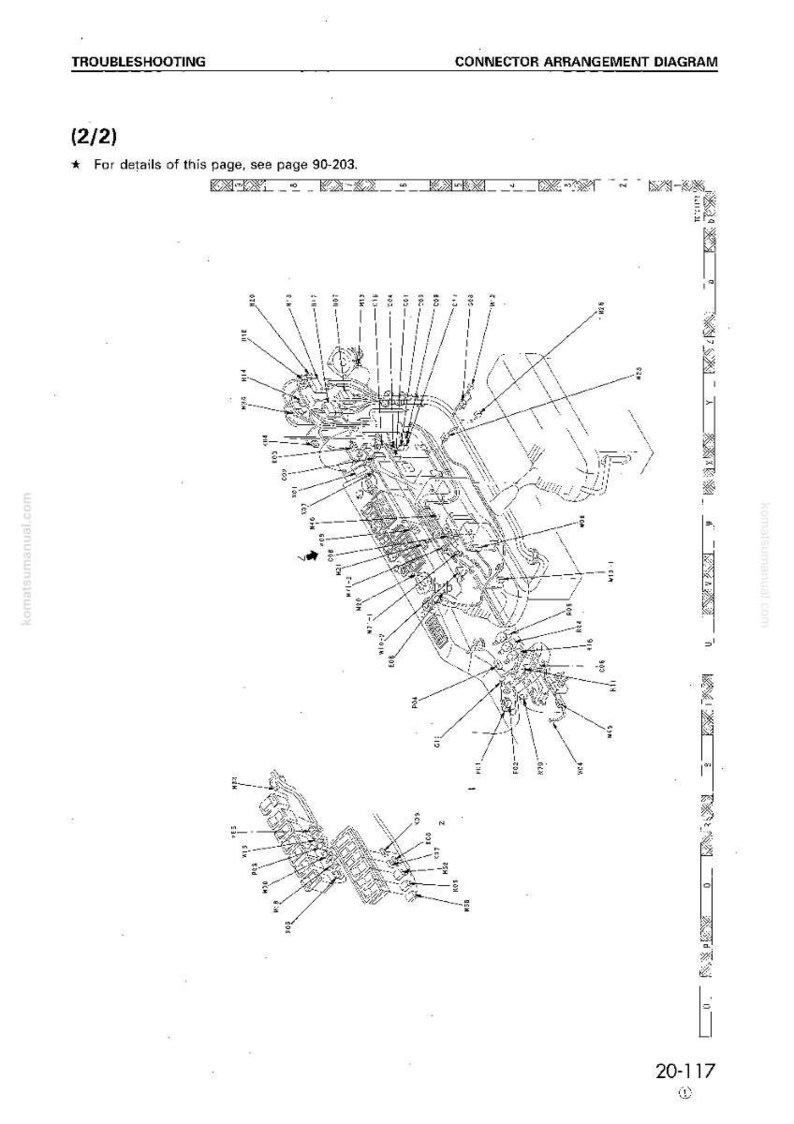 Op de afbeelding: Een gedetailleerd diagram van een connectoropstelling, gelabeld met talrijke identificatoren. De afbeelding bevat de tekst "TROUBLESHOOTING" en "CONNECTOR ARRANGEMENT DIAGRAM". Het paginanummer is 20-117.