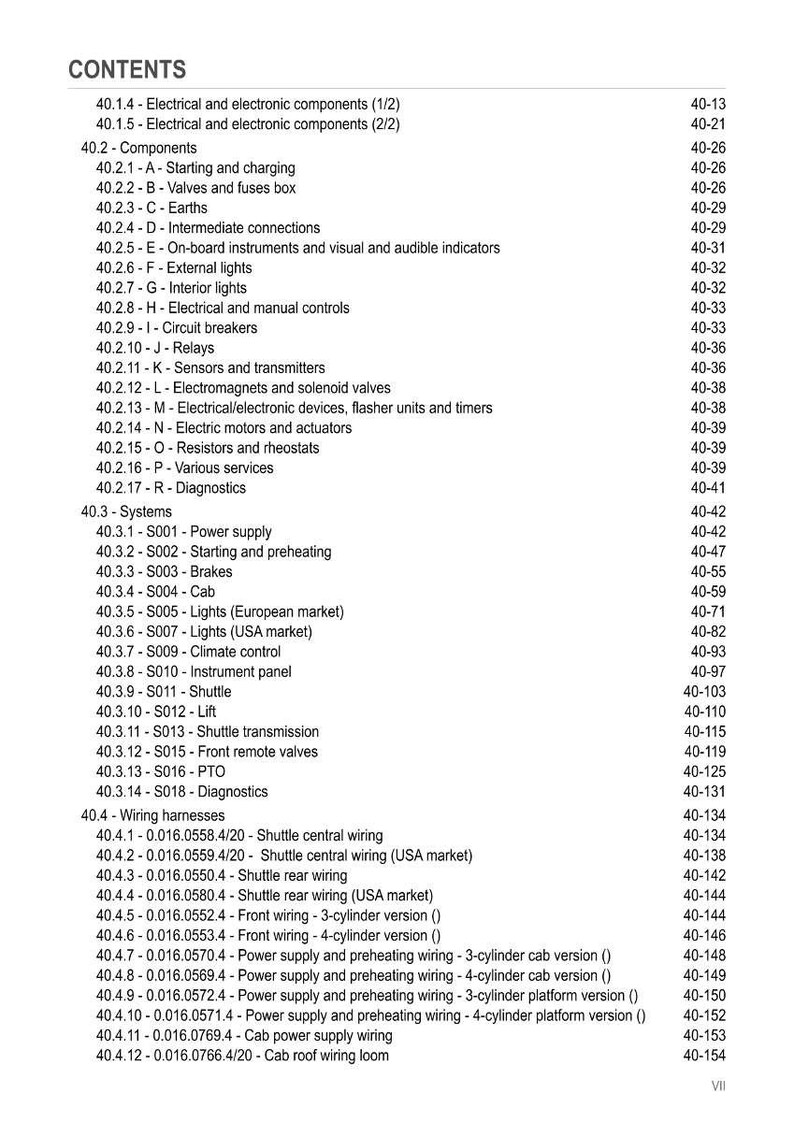 May include: A detailed table of contents from a technical manual, listing electrical and electronic components, systems, and wiring harnesses. The document includes page numbers for easy reference. The text is in black font on a white background.