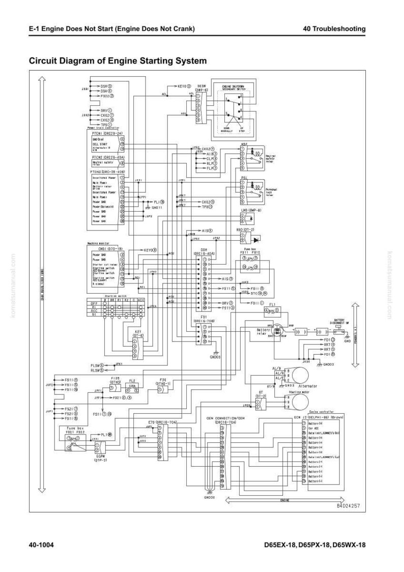 May include: A detailed circuit diagram of an engine starting system, with numerous lines, symbols, and labels. The diagram includes text that reads "E-1 Engine Does Not Start (Engine Does Not Crank)" and "Circuit Diagram of Engine Starting System."