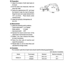 May include: Diagram of an excavator with instructions for measuring track revolution speed. Text includes steps for preparation, measurement, and evaluation, along with a table showing travel speed and maximum allowable times.