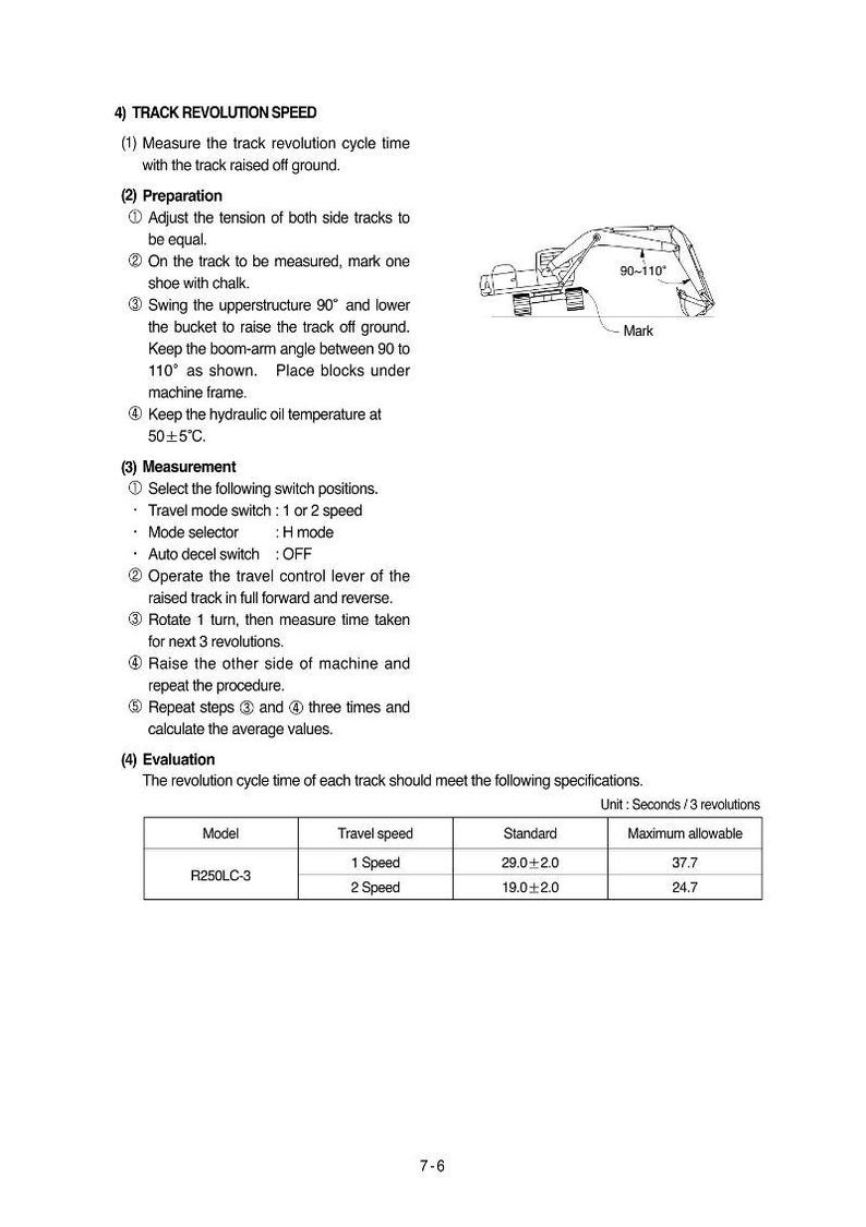 May include: Diagram of an excavator with instructions for measuring track revolution speed. Text includes steps for preparation, measurement, and evaluation, along with a table showing travel speed and maximum allowable times.