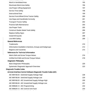 May include: A white page with a table of contents and diagnostic trouble codes. The text includes safety instructions, general references, and technical information, such as torque values and diagnostic codes.