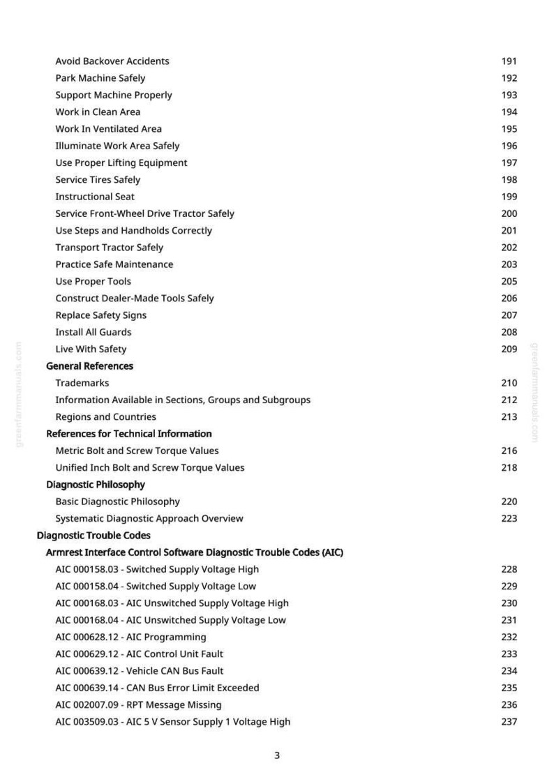 May include: A white page with a table of contents and diagnostic trouble codes. The text includes safety instructions, general references, and technical information, such as torque values and diagnostic codes.