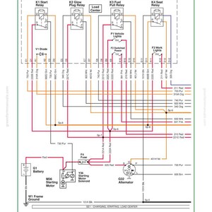 Puede incluir: Diagrama esquem&aacute;tico detallado del cableado para un motor di&eacute;sel, con rel&eacute;s, fusibles y varios componentes el&eacute;ctricos. El diagrama utiliza un sistema codificado por colores con l&iacute;neas y etiquetas.
