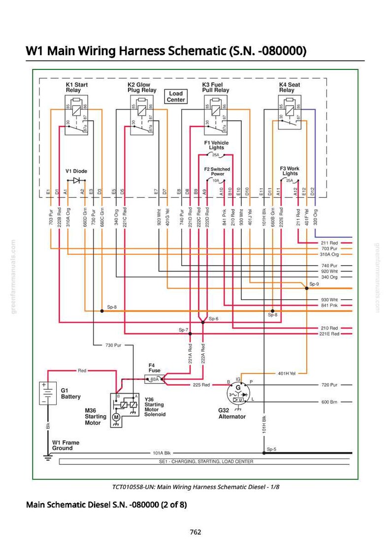 Puede incluir: Diagrama esquem&aacute;tico detallado del cableado para un motor di&eacute;sel, con rel&eacute;s, fusibles y varios componentes el&eacute;ctricos. El diagrama utiliza un sistema codificado por colores con l&iacute;neas y etiquetas.