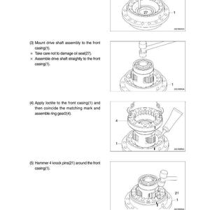 May include: Diagram showing mechanical assembly stages. Includes fitting an oil seal and clip, mounting a drive shaft, applying loctite, and hammering knock pins. The diagram shows numbered parts and assembly instructions.