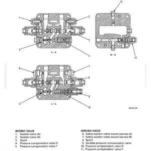 May include: Diagram of a control valve, labeled with various components including suction valves, spools, and pressure compensation valves. The image includes cross-sectional views labeled K-K, L-L, and M-M, with a list of valve parts and their functions.