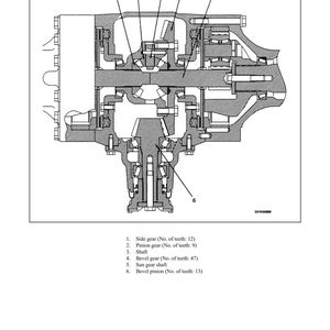 May include: Diagram of a front differential, labeled with numbers and descriptions. The diagram includes side gears, pinion gears, shafts, and bevel gears. The text "STRUCTURE AND FUNCTION" and "FRONT DIFFERENTIAL" are at the top.