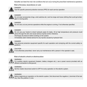 Op de afbeelding: Een pagina uit de Argo Tractors-handleiding met veiligheidswaarschuwingen. De tekst somt gevaren op zoals kneuzingen, snijwonden en elektrische schokken, met instructies voor veilige bediening en onderhoud. Bevat waarschuwingssymbolen.