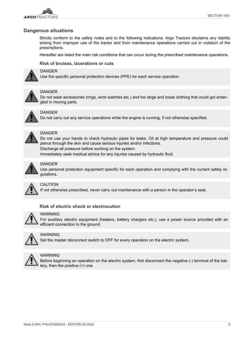 Op de afbeelding: Een pagina uit de Argo Tractors-handleiding met veiligheidswaarschuwingen. De tekst somt gevaren op zoals kneuzingen, snijwonden en elektrische schokken, met instructies voor veilige bediening en onderhoud. Bevat waarschuwingssymbolen.