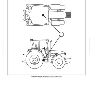 May include: Diagram of a tractor, showing an overhead and side view, linked by lines. The text "Install Test Equipment 50-9" is at the top. The text "CPA0005638-UN: Test Port Location Overview" is at the bottom.
