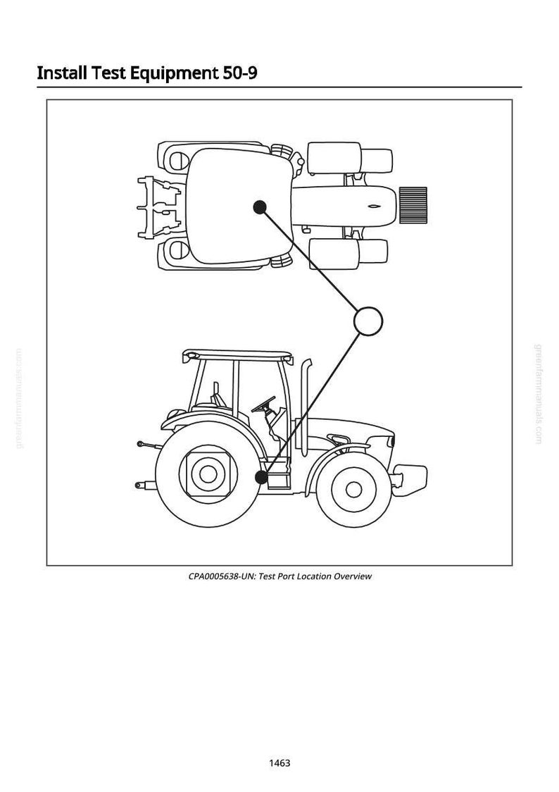 May include: Diagram of a tractor, showing an overhead and side view, linked by lines. The text "Install Test Equipment 50-9" is at the top. The text "CPA0005638-UN: Test Port Location Overview" is at the bottom.