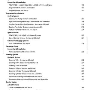 Pu&ograve; includere: Una pagina bianca con un sommario dettagliato per un manuale di riparazione del motore John Deere. La tabella elenca vari componenti del motore, inclusi sistemi di raffreddamento, sterzo e freni, con i relativi numeri di pagina.