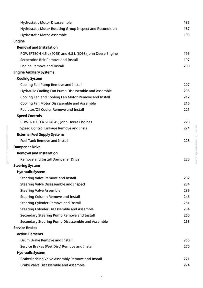 Pu&ograve; includere: Una pagina bianca con un sommario dettagliato per un manuale di riparazione del motore John Deere. La tabella elenca vari componenti del motore, inclusi sistemi di raffreddamento, sterzo e freni, con i relativi numeri di pagina.