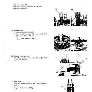 May include: Diagram of a towing winch disassembly and assembly. The image includes detailed illustrations of various components, including a collar, inner drum, gear assembly, case, clutch assembly, and hook drum. Text provides instructions and measurements.