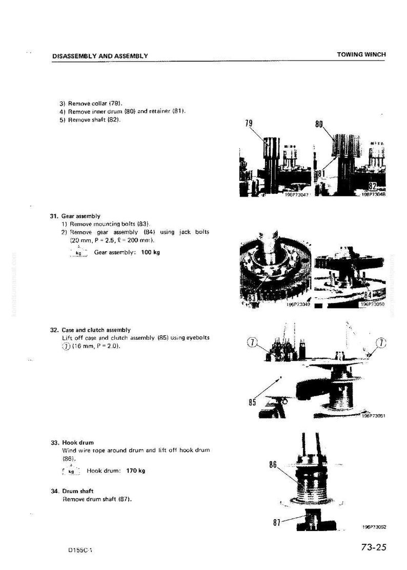 May include: Diagram of a towing winch disassembly and assembly. The image includes detailed illustrations of various components, including a collar, inner drum, gear assembly, case, clutch assembly, and hook drum. Text provides instructions and measurements.