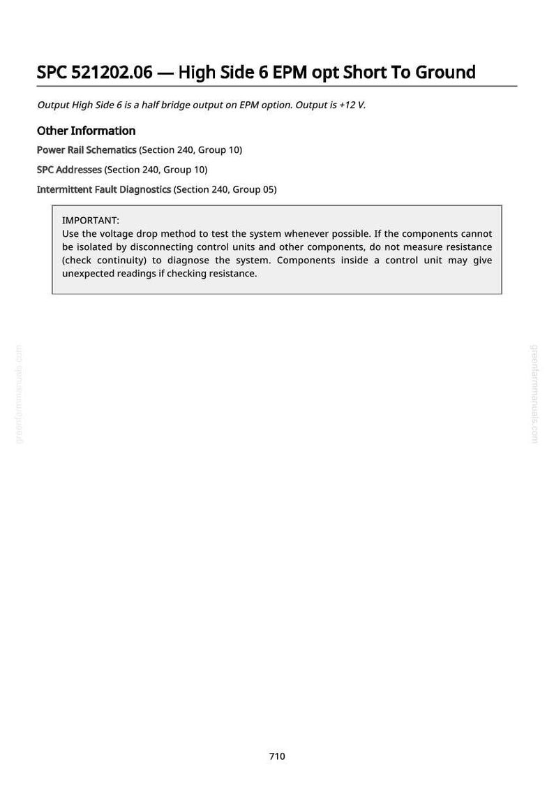 Peut inclure: Document blanc avec texte noir d&eacute;crivant le diagnostic du syst&egrave;me &eacute;lectrique. Le texte comprend des informations sur les tests de chute de tension, l'isolement des unit&eacute;s de contr&ocirc;le et la mesure de la r&eacute;sistance. Intitul&eacute; "SPC 521202.06 - High Side 6 EPM opt Short To Ground."