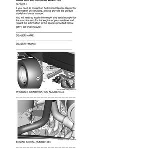 May include: A page from a product manual titled "Product Identification." It includes sections for recording identification numbers, the date of purchase, dealer information, and diagrams of mower parts labeled A and B.