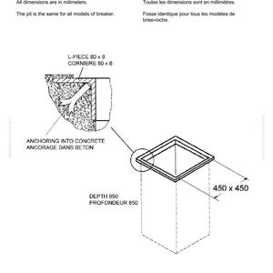 May include: Diagram of a pit for breaker assembling, with dimensions in millimeters. The image includes a top-down view of a square pit, labeled 450 x 450 mm, and a depth of 850 mm. Text includes "KOMATSU" and "JPB7500V".