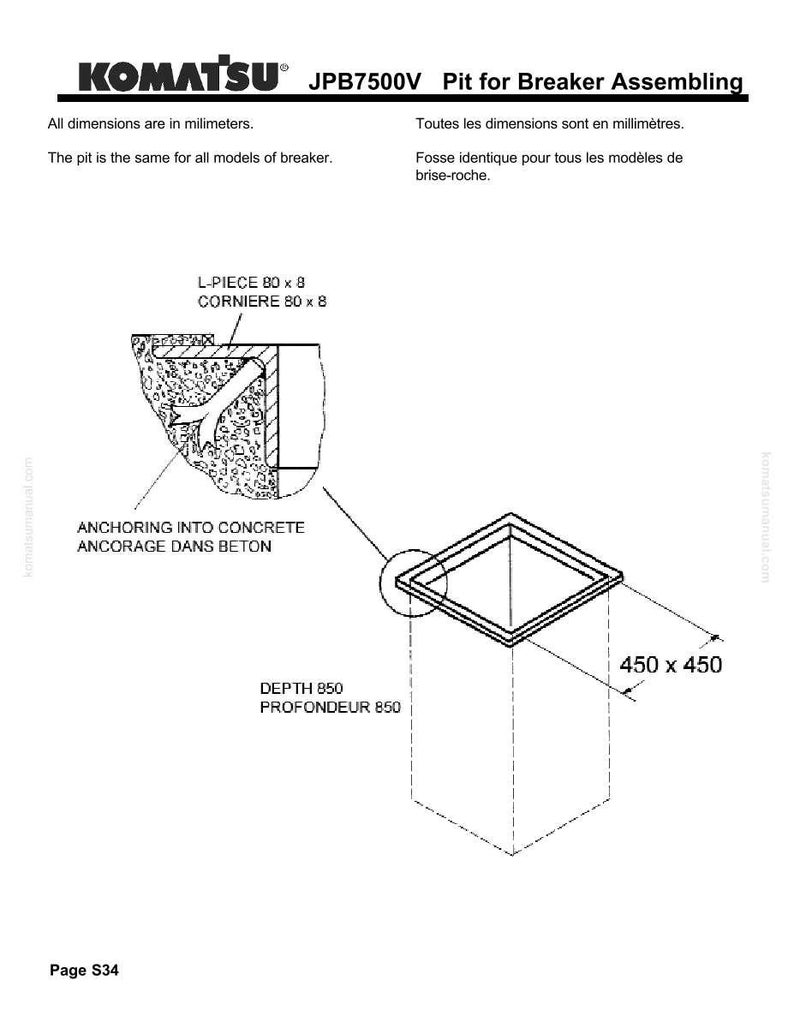 May include: Diagram of a pit for breaker assembling, with dimensions in millimeters. The image includes a top-down view of a square pit, labeled 450 x 450 mm, and a depth of 850 mm. Text includes "KOMATSU" and "JPB7500V".