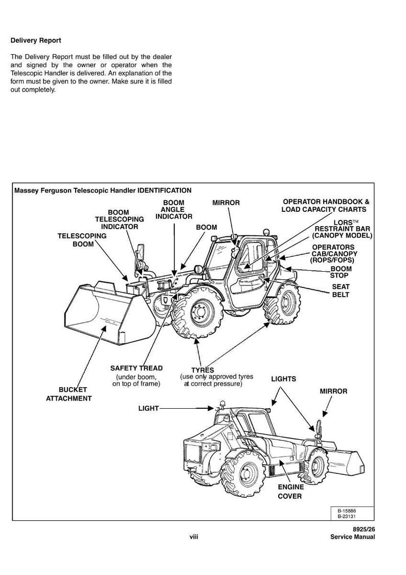 May include: Diagram of a Massey Ferguson telescopic handler, a type of construction vehicle. The image labels various parts, including the boom, bucket attachment, tires, and lights. Text at the top describes a delivery report.