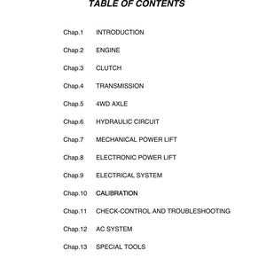 May include: A white page with a black header and a table of contents. The table lists chapters on topics like Engine, Clutch, Transmission, and Electrical System. The text is in a clear, easy-to-read font.
