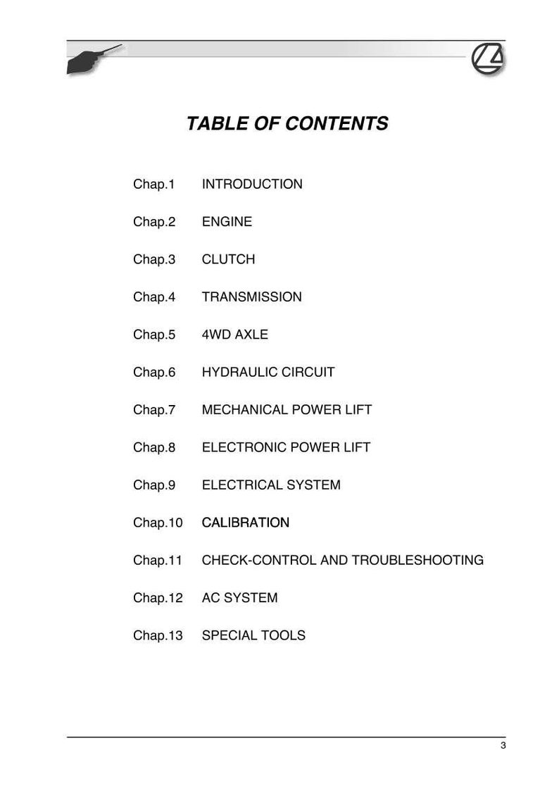 May include: A white page with a black header and a table of contents. The table lists chapters on topics like Engine, Clutch, Transmission, and Electrical System. The text is in a clear, easy-to-read font.