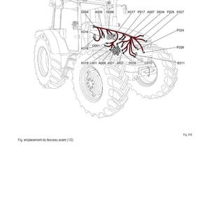 May include: Technical diagram of a tractor's electrical system, featuring labels and codes. The image includes the text "SCH&Eacute;MAS &Eacute;LECTRIQUES" and "Fig. emplacement du faisceau avant (1/2)". The tractor is depicted in a technical drawing style.