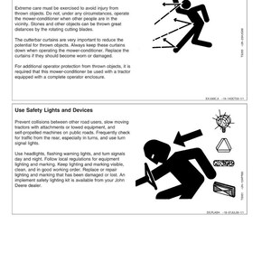 May include: Safety instructions page with illustrations. One shows a person avoiding thrown objects from machinery. The other shows a person using safety lights and devices on equipment. Text includes warnings about injury and collisions.