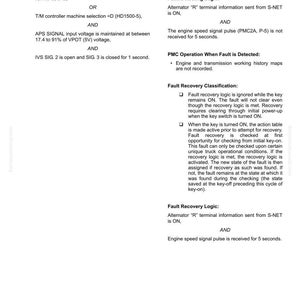 May include: A white document with black text detailing fault recovery logic, including engine speed signal loss and fault detection. The document includes technical specifications and operational instructions for a PMC controller.