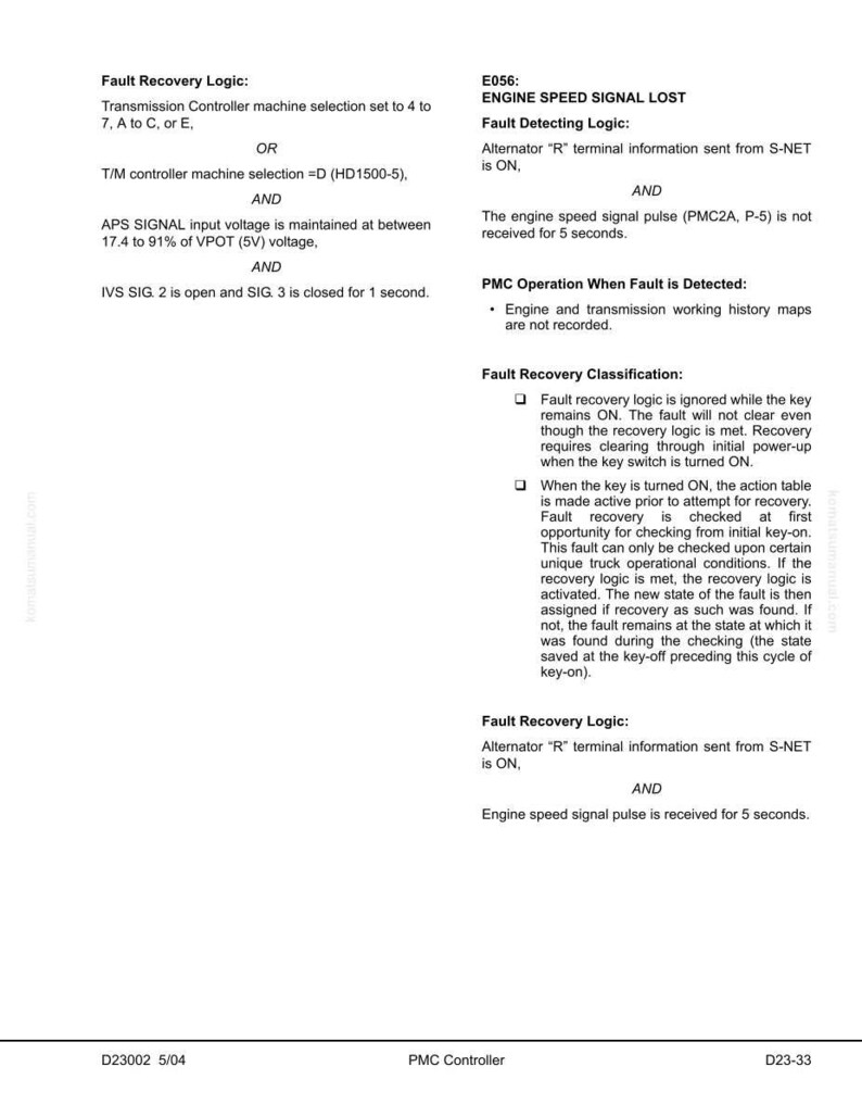 May include: A white document with black text detailing fault recovery logic, including engine speed signal loss and fault detection. The document includes technical specifications and operational instructions for a PMC controller.