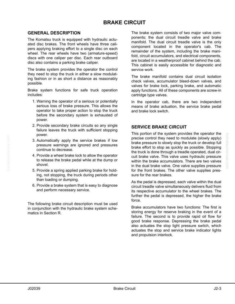 May include: A detailed technical diagram of a Komatsu truck's brake circuit, including descriptions of the system's components, such as the dual circuit treadle valve, brake manifold, and accumulators. The text explains the function of each part.