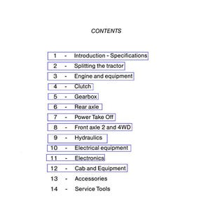May include: A white page from a workshop service manual. The title "WORKSHOP SERVICE MANUAL" is at the top. The contents list includes topics like "Engine and equipment", "Gearbox", and "Hydraulics".