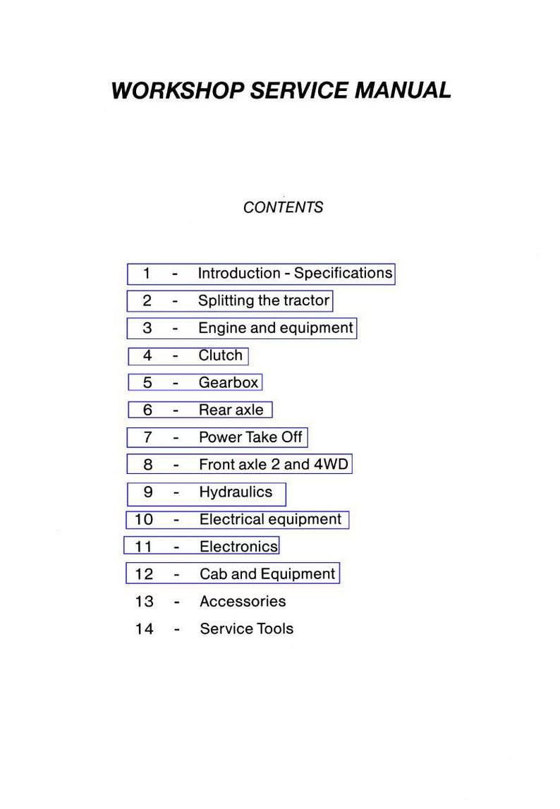 May include: A white page from a workshop service manual. The title "WORKSHOP SERVICE MANUAL" is at the top. The contents list includes topics like "Engine and equipment", "Gearbox", and "Hydraulics".