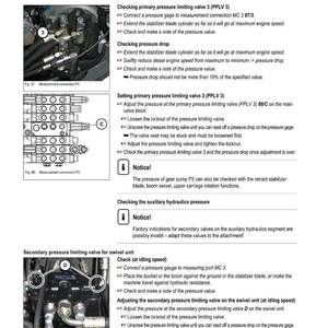 May include: A maintenance manual page with diagrams and instructions for checking and adjusting hydraulic pressure on a Wacker Neuson machine. Includes diagrams of pressure connections and valve adjustments.
